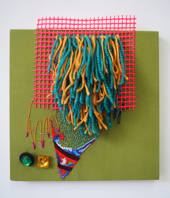 Victoria Martinez, Kiss me near the fence, 2014, collage, 10”x10” bed sheet, yarn, paper, buttons, embroidery floss