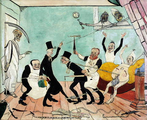 James Ensor. The Bad Doctors, 1892. Université Libre de Bruxelles. © 2014 Artists Rights Society (ARS), New York / SABAM, Brussels. Image: Université Libre de Bruxelles, on deposit in the Royal Museums of Fine Arts of Belgium, Brussels / photo: Royal Museums of Fine Arts of Belgium, Brussels.