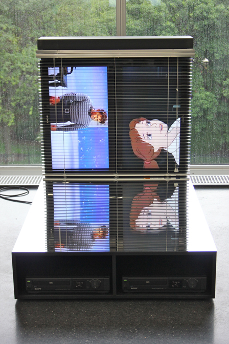 Alberto Aguilar, Obscure Time Device (Home Field Play), 2013, Entertainment center, monitors, VCR's, video tapes, mini blinds