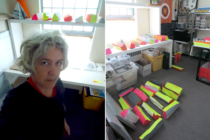 Susan Coolen in her studio, with ‘Neon/Wood” in progress, 2014.