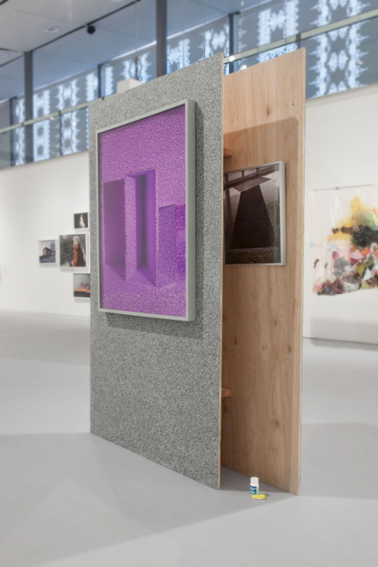 Assaf Evron, Untitled (visual pyramid after Alberti), 2013, Infra red photograph/ XBOX kinect, 33”/44” each Architectural support – ply wood/epoxy paint/decorative flaks, 4’/7’2” each at Hyde Park Art Center, Chicago