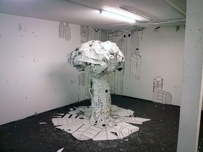 Meg Duguid, Preproduction of bomb explosion, 2014, paper cut stop animation still 
