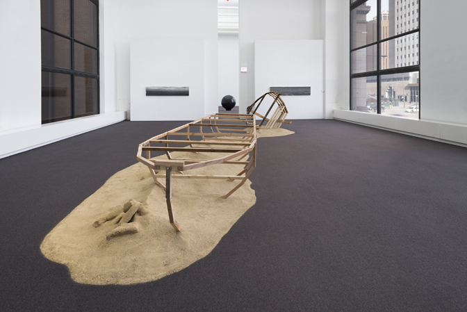 Ian Weaver, MIGRATION OVERVIEW, 2015 Foreground: “FLEET”, 2015, wood, rope, various dimensions Middle ground: “SHORELINE” works. Background: “GLOBE”, 2015, Aluminum, enamel, 47” diameter