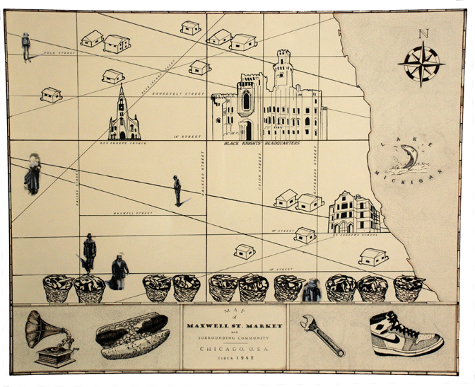 Ian Weaver, MAP OF MAXWELL STREET AND SURROUNDING COMMUNITY, 2010 Acrylic ink and transfer on paper 27" x 22 ¼" 