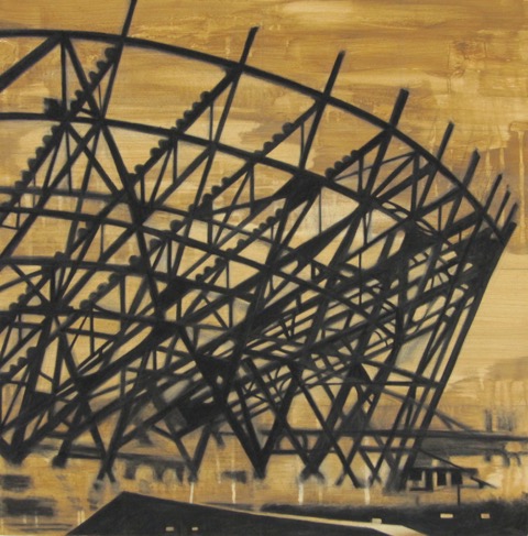 Kathie shaw, Olympic Stadium London, 2009, 30 x 30 inches, acrylic/charcoal on canvas