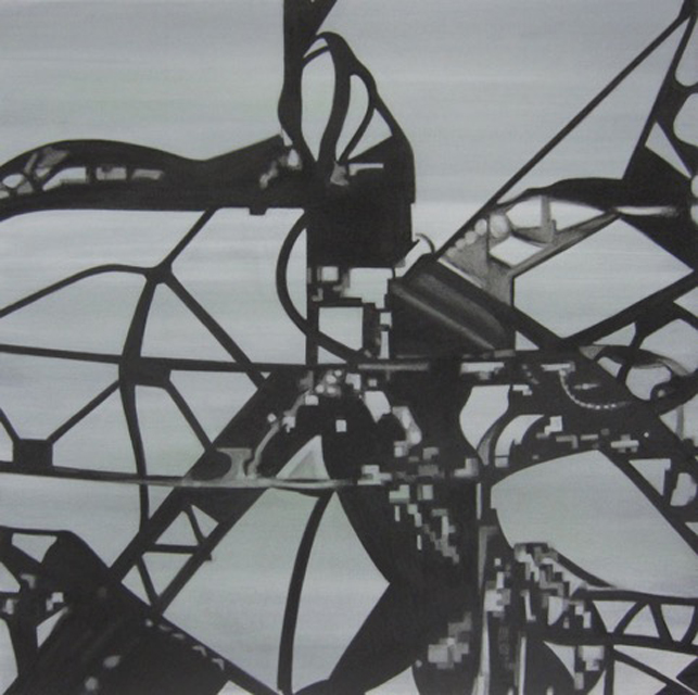 Kathie Shaw, Detritus:  Hiroshima II, 2013, charcoal and acrylic on canvas, 18 x 18 inches