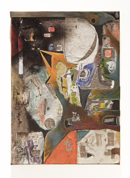 Dan Luedtke, “Tracing Thumbnails” – Oil Paint, Paper, Pencil, Toner, Resin on Canvas – 10” X 14”, 2015