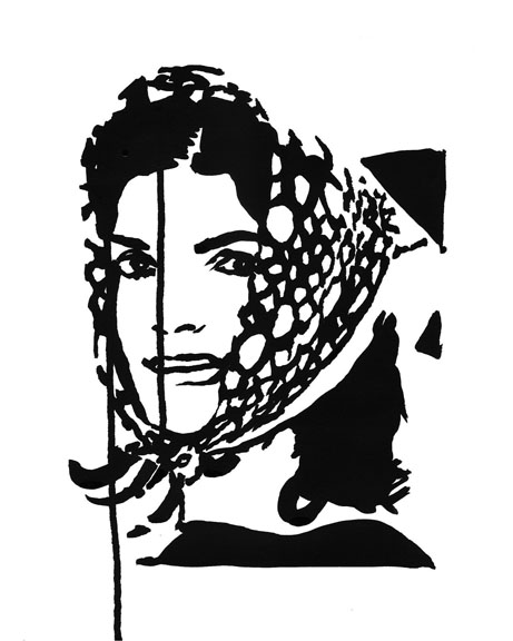 Laura Collins, Triton College, "Jackie in Kerchief", India Ink on Canvas , 2015