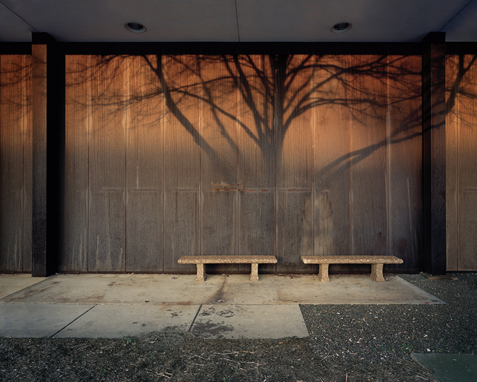 Nate Mathews, Northeastern Illinois University, "Sunset, Tree Shadow, and Benches," Photograph, 2015