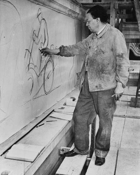 Diego Rivera drawing - on scaffold, Courtesy of DIA Archives