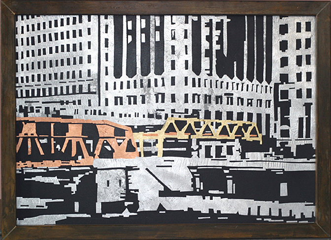 Roxane Legenstein, Chicago: gold, silver, copper and iron sand on vinyl in iron frame, 2010, (series: MetalWorld), 40 x 28 in.
