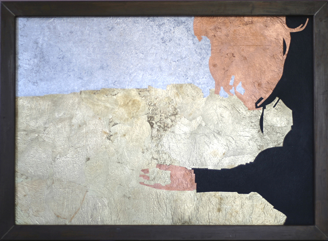 Roxane Legenstein, self-portrait (collecting iron sand), series: MetalWorld, gold, silver, copper and iron sand on vinyl in iron frame, 2010, 40 x 28 in.