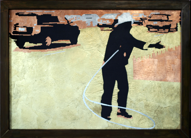 Roxane Legenstein, magnificent mile: gold, silver, copper and iron sand on vinyl in iron frame, 2010 (series: MetalWorld) 40 x 28 in.