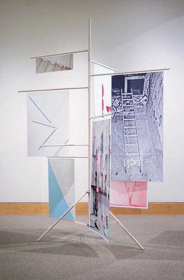 Dan Devening, Kiosk, 2014, archival pigment prints, collage, tape, thread, wood, hardware. Appx. 8' x 5'