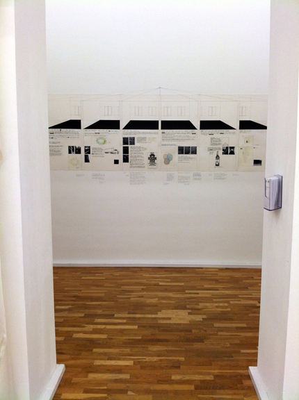 Deb Sokolow You tell people you're working really hard on things these days, part 2 graphite, acrylic, photo collage, tape on paper, graphite on gallery wall 33 x 102 inches 2013 Installation image from Museum für Gegenwartskunst Siegen, Germany, 2013 traveled to Contemporary Art Museum, St. Louis, 2015