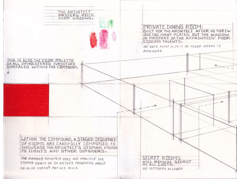 Deb Sokolow detail Inside the Famous Architect’s Compound Artist book graphite, acrylic, colored pencil, crayon,  and collage on acid-free paper, bookboard, PVA 9 x 6 inches folded 9 x 44 inches open Edition of 3, 1 artist proof 2015 