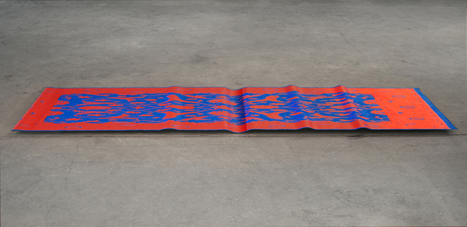 Mika Horibuchi Sharp Rug 2015 Oil on linen 27” x 100” x 4” 