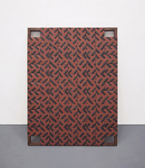 Mika Horibuchi Description of a Weaving 2014 Oil on rubber, walnut wood 40” x 30” 