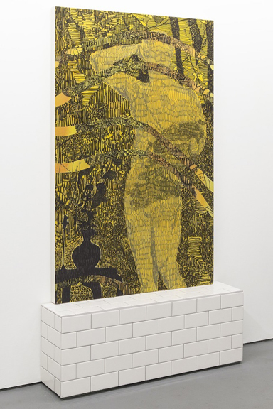 Dan Rizzo-Orr Himself being here Acrylic on Cotton, Ceramic Tile Pedestal 38”x60” 2015 