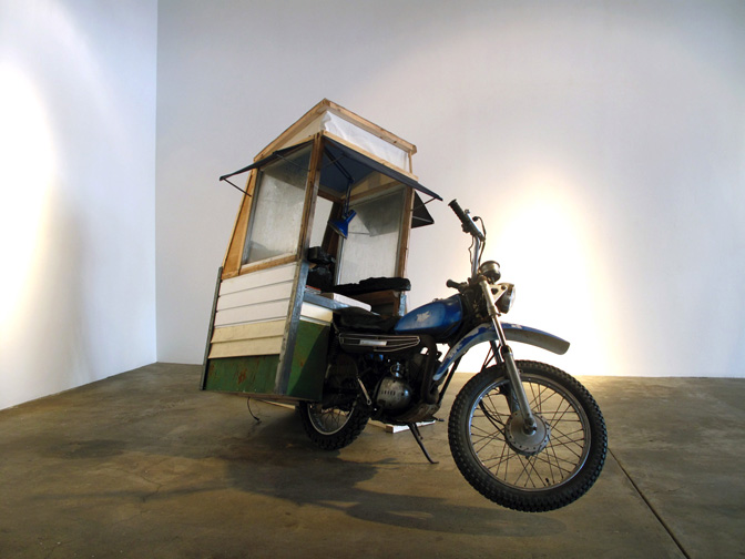 Sebura & Gartelmann, Enduro, 2012 Motorcycle, wood, steel, plastic, fabric, books, lighting, 84x73x40 inches 