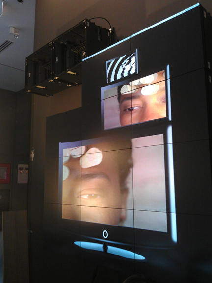 Lee Blalock, “Remote”, 2012 Video installation Documentation Shot of piece being installed on Christie Microtiles at the Neiman Center, SAIC.