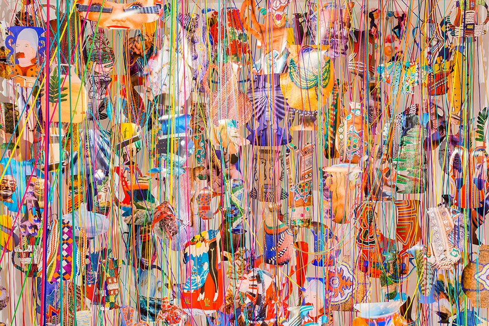 Aimée Beaubien MoCP at 40, Museum of Contemporary Photography, Chicago, IL Collecting Within, 2016 pigment prints, paracord, mason line, wooden dowels, miniature clothespins, party lights  dimensions variable