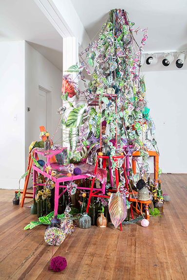 Aimée Beaubien DEMO Project, Springfield, IL Winter thicket, 2015 pigment prints, yarn, pile of brightly painted furniture, glass bottles, ceramic jugs, dried lemons, dried limes, porcelain vase, shelf dimensions variable 