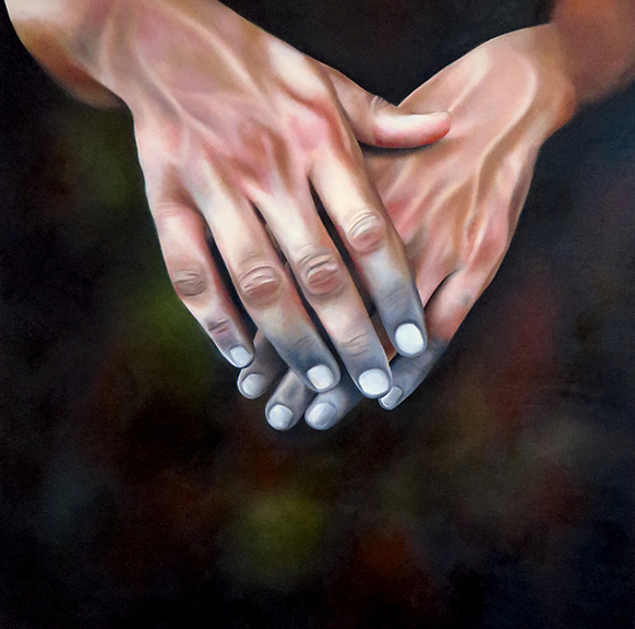 Julia Haw, Nari's Hands, 2014, 36x36 in., Oil on Canvas