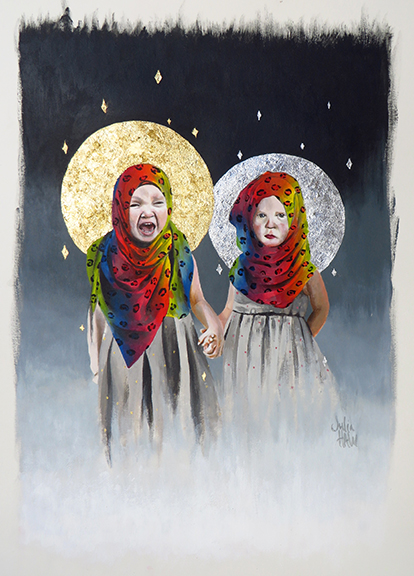 Julia Haw, Two Ten Year Old Suicide Bombers in Lisa Frank Hijabs, 2015, 10.5x14.25 in., Acrylic on Acid-Free Arches Paper  Collection of Mike Pescetto