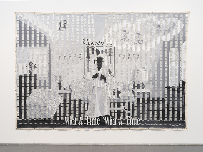 Installation view, Kerry James Marshall: Mastry, MCA Chicago, April 23–September 25, 2016. Work shown: Kerry James Marshall, Memento #5, 2003. The Nelson-Atkins Museum of Art, Kansas City, Missouri. Purchase: acquired through the generosity of the William T. Kemper Foundation – Commerce Bank, Trustee. Photo: Nathan Keay, © MCA Chicago.