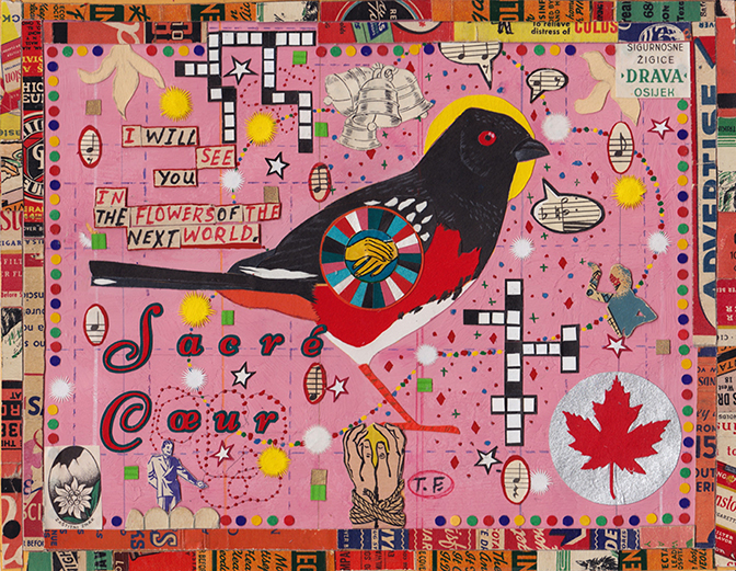 Tony Fitzpatrick Small Bird of the Sacred Heart, 2014 Gouache, watercolor, ink and found materials Collection of Anonymous Lender