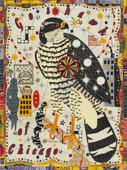 Tony Fitzpatrick The Goshawk and Her Comets, 2015 Gouache, watercolor, ink and found materials Collection of Helen Macdonald