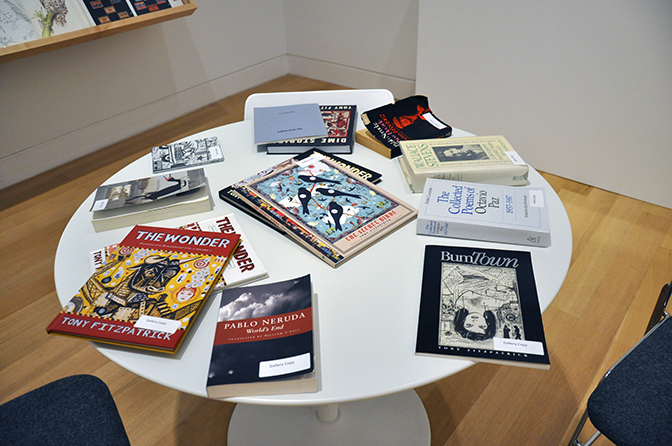 Tony Fitzpatrick: The Secret Birds, Installation view of books and collected ephemera, DePaul Art Museum, Chicago, IL, 2016