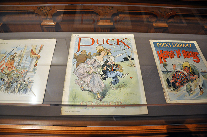 "With a Wink and a Nod: Cartoonists of the Gilded Age", installation detail, The Driehaus Museum, Chicago, Illinois, June 25, 2016 - January 8, 2017