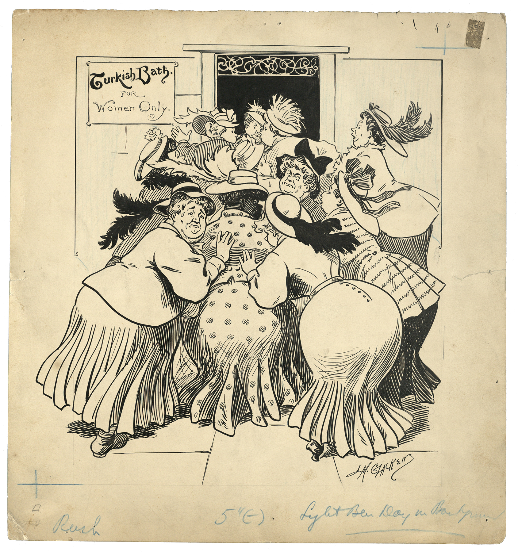 “Fashion’s Decree” by Louis M. Glackens (American, 1866-1933), from Puck’s October 2, 1907 issue, portrays the lengths to which people will go to adhere to fashion. Unfortunate women whose bodies do not conform to the next trend flock to a Turkish bath in hope of losing weight. Collection of Jean S. and Frederic A. Sharf, courtesy of the Flagler Museum.