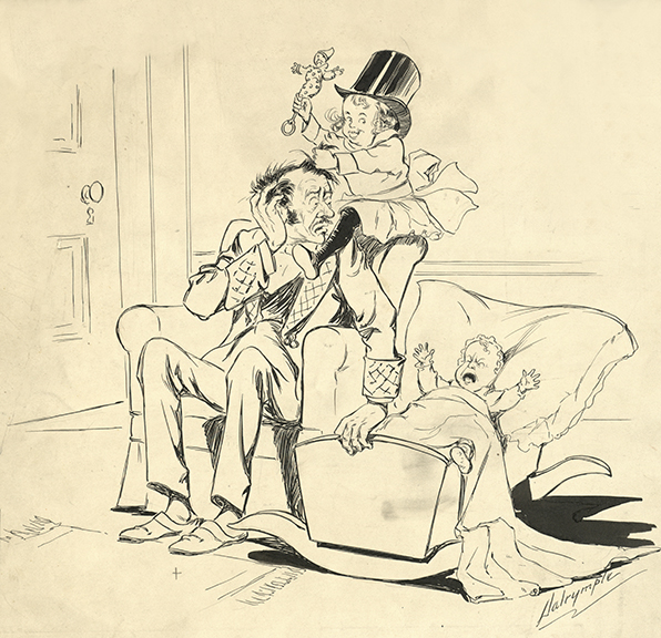 Artist Louis Dalrymple (American, 1866-1905) tackled issues of modern womanhood and family in “Irony,” published in Puck’s Library “Jim-Cracks,” April 1896. The cartoon depicts a man who marries to settle into a quiet family life, but ends up at home with the children while his wife is out every night fighting for women’s rights. Collection of Jean S. and Frederic A. Sharf, courtesy of the Flagler Museum.