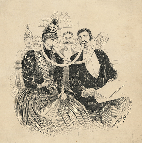 In “The Theatre Conversationalist,” published in Puck, January 29, 1890, Samuel D. Ehrhart (American, 1862-1937) proposes a comical solution to a distraction that is still common today. The cartoon parodies high culture, fashion, and invention - topics common in Puck’s pages. Collection of Jean S. and Frederic A. Sharf, courtesy of the Flagler Museum.