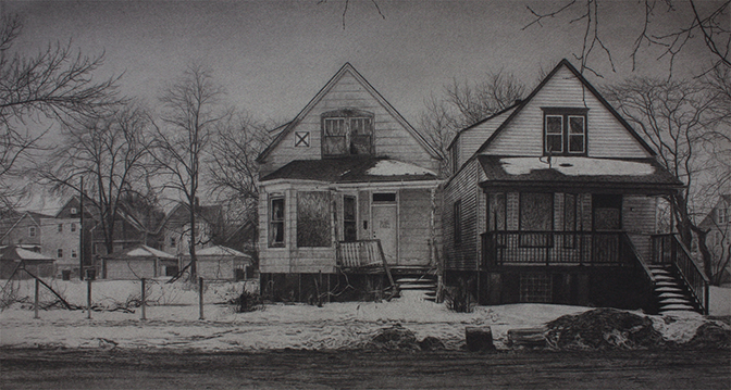 Jennifer Cronin, What was Once a Home (South Carpenter Street), 13" x 24", Carbon pencil on toned paper, 2015