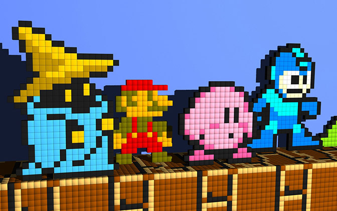 8-bit art of icons in video gaming: Vivi Ornitier, Super Mario, Kirby, and Mega Man 