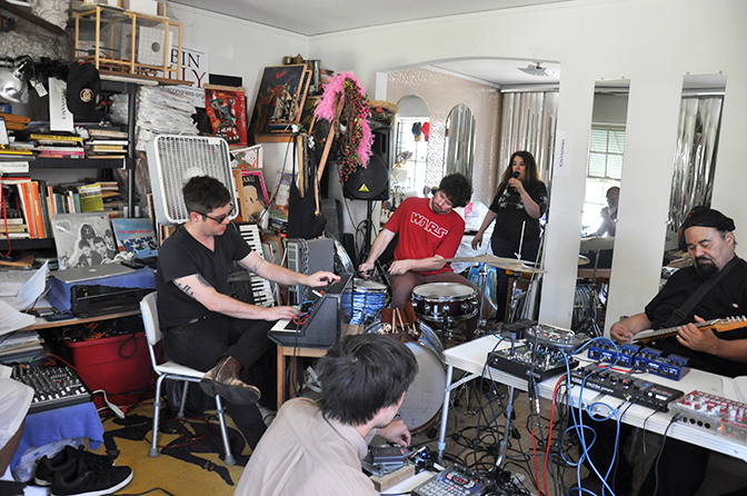 Ono rehearsal session, Jeffrey Manor, Chicago, IL, 2016 with Brett Naucke, Connor Tomaka, Ben Baker Billington, Rebecca Ono, Travis, and P. Michael Ono, and Da Wei (not in frame) by Chester Alamo-Costello