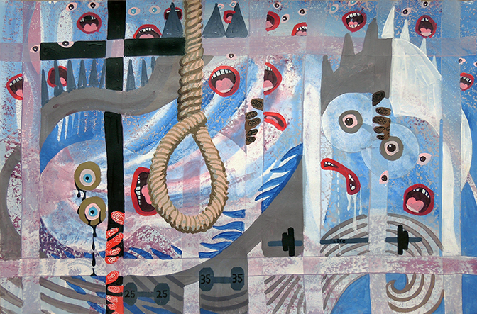 Tom Torluemke, Flooded Prison, 2014 , acrylic on paper on MDF,  26 x 39 3/4″