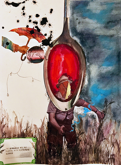 Kevin Blake, The Binocular Boy was Flayful with His Father’s Cleaver, mixed media on paper, 17” x 23”, 2018