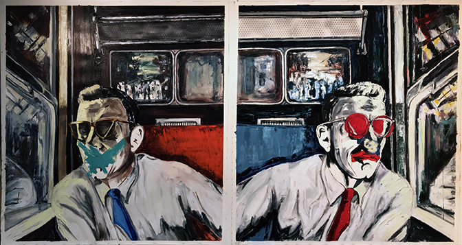 Kevin Blake, The Utility Man with the Papal Leafet, oil on canvas, diptych, each panel 51” x70”, 2017
