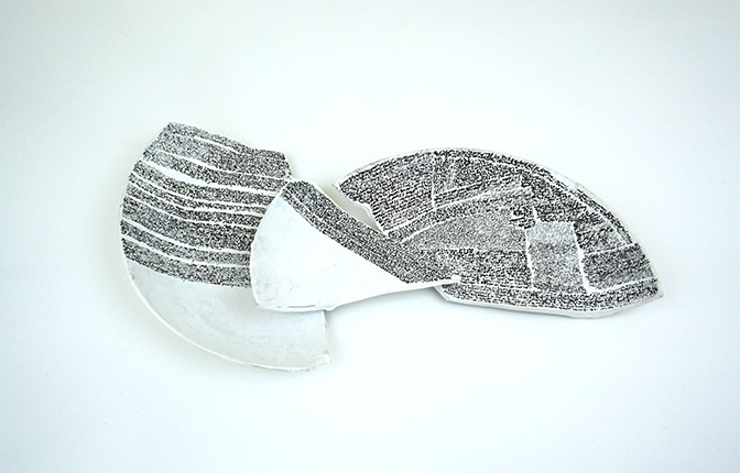 SaraNoa Mark, Ostraca, Ink on ceramic, 7 ½” x 9”, dimensions variable, 2018