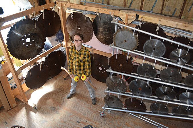 Kyle Davison, musician, in Logan Square attic studio, Chicago, IL, 2018
