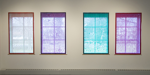 Gina Hunt, RGBA Windows (v2)  Hand-dyed theater scrim over four wooden frames  Each frame measures 63 inches x 38 inches  Installed at Drew University, Madison, New Jersey , 2018