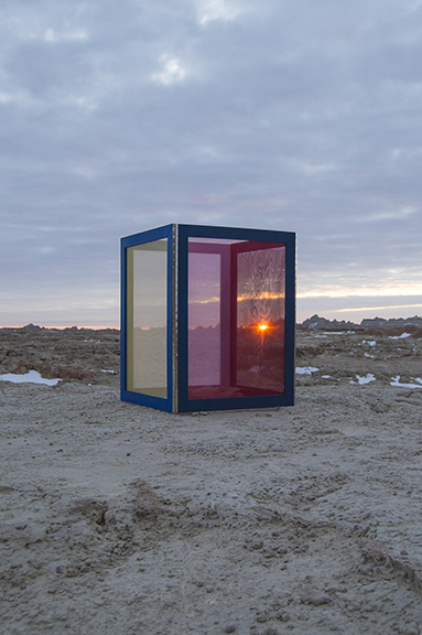 Gina Hunt, Suncatcher for the Badlands Nylon, window screen mesh, and theater scrim stretched on four painted wooden frames, attached with steel hinges 48 inches x 36 inches x 36 inches Installed at Badlands National Park, South Dakota 2016