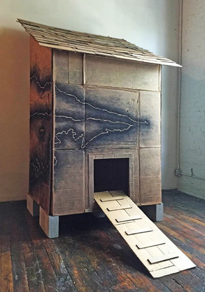 Robin Dluzen, Ameraucana, 2016 Cardboard, charcoal, concrete, wire mesh, mason jars and egg shells 84" x 48" x 40"