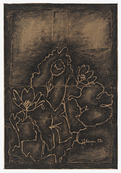 Robin Dluzen Drawing of a Drawing My Mom Made (Bloodroot) 2016 Charcoal on lawn refuse bags and stretcher 26" x 18"