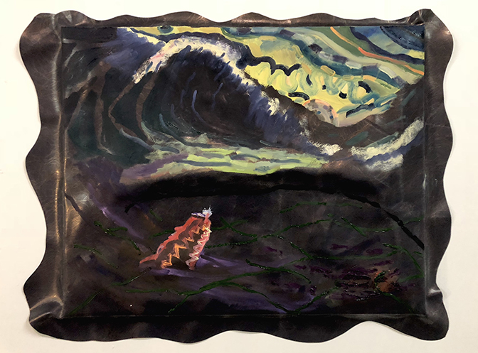 Ali Seradge, Xeno Semihundido, oil painting on upholstery, 24"x30", 2018